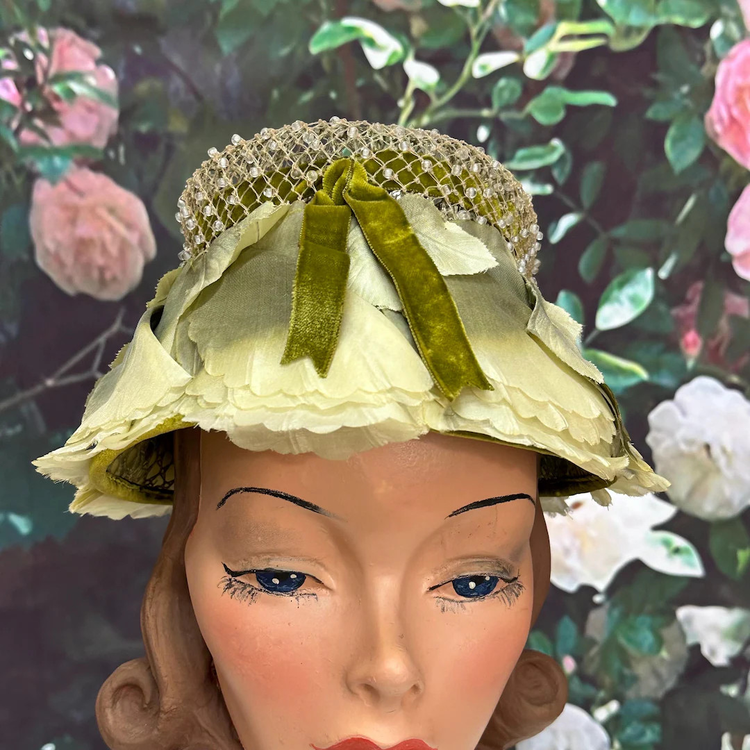 60s Elsa Schiaparelli Green Silk Beaded Hat Paris Designer - Etsy | Etsy (US)