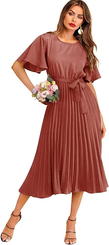 Milumia Women's Elegant Belted Pleated Flounce Sleeve Long Dress | Amazon (US)
