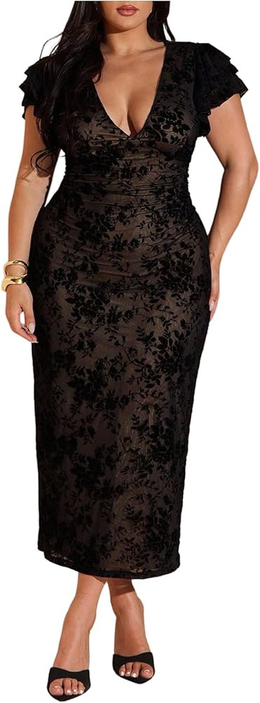 Women's Plus Size Cocktail Floral Maxi Dress Deep V Ruffle Short Sleeve Bodycon Mesh Wedding Gues... | Amazon (US)
