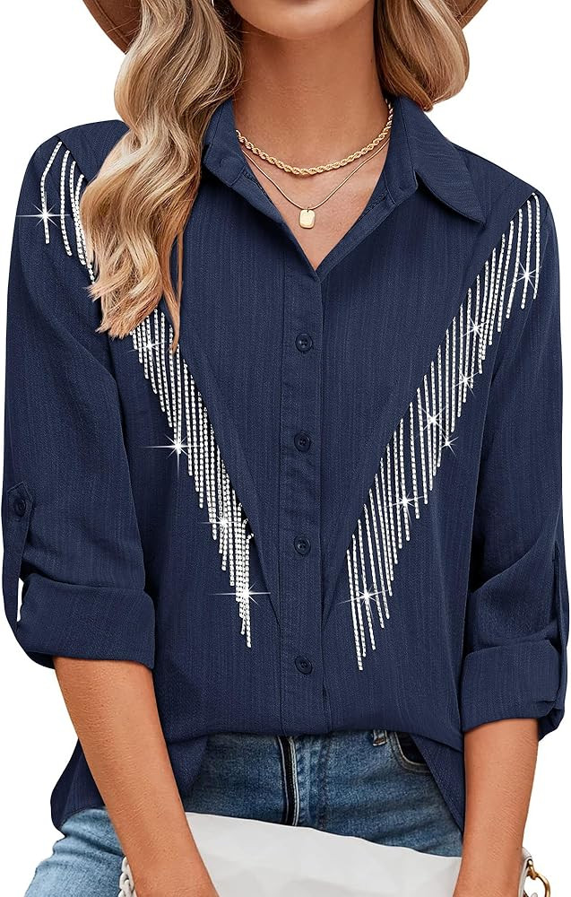 MYMORE Womens Rhinestone Fringe Button Down Shirt Rolled 3/4 Sleeve Sparkly Top Concert Nashville... | Amazon (US)