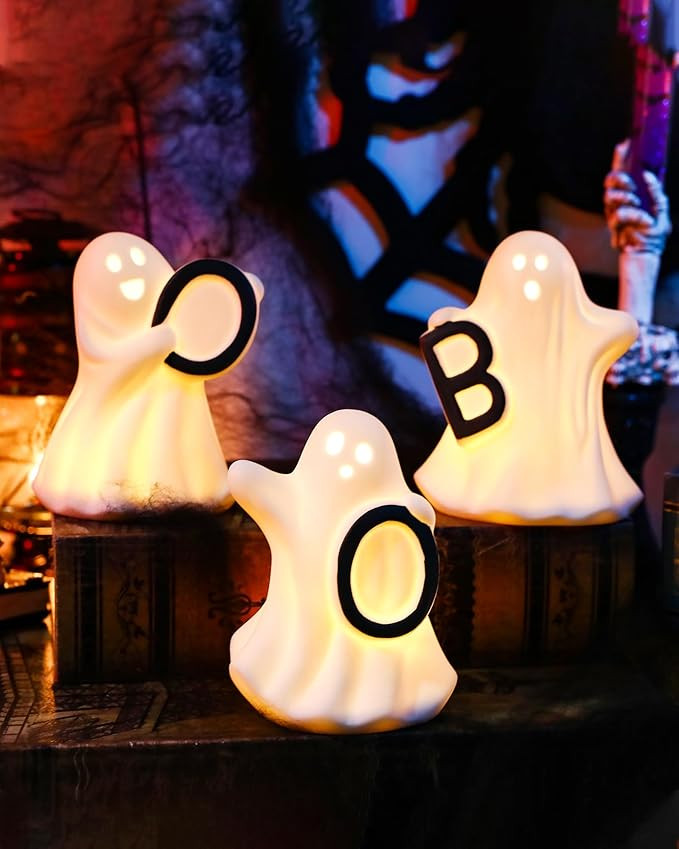 Ceramic Ghost Decor with Boo, 3Pcs Light Up Ghost Figurine Halloween Decor, Small White Spooky Gh... | Amazon (US)