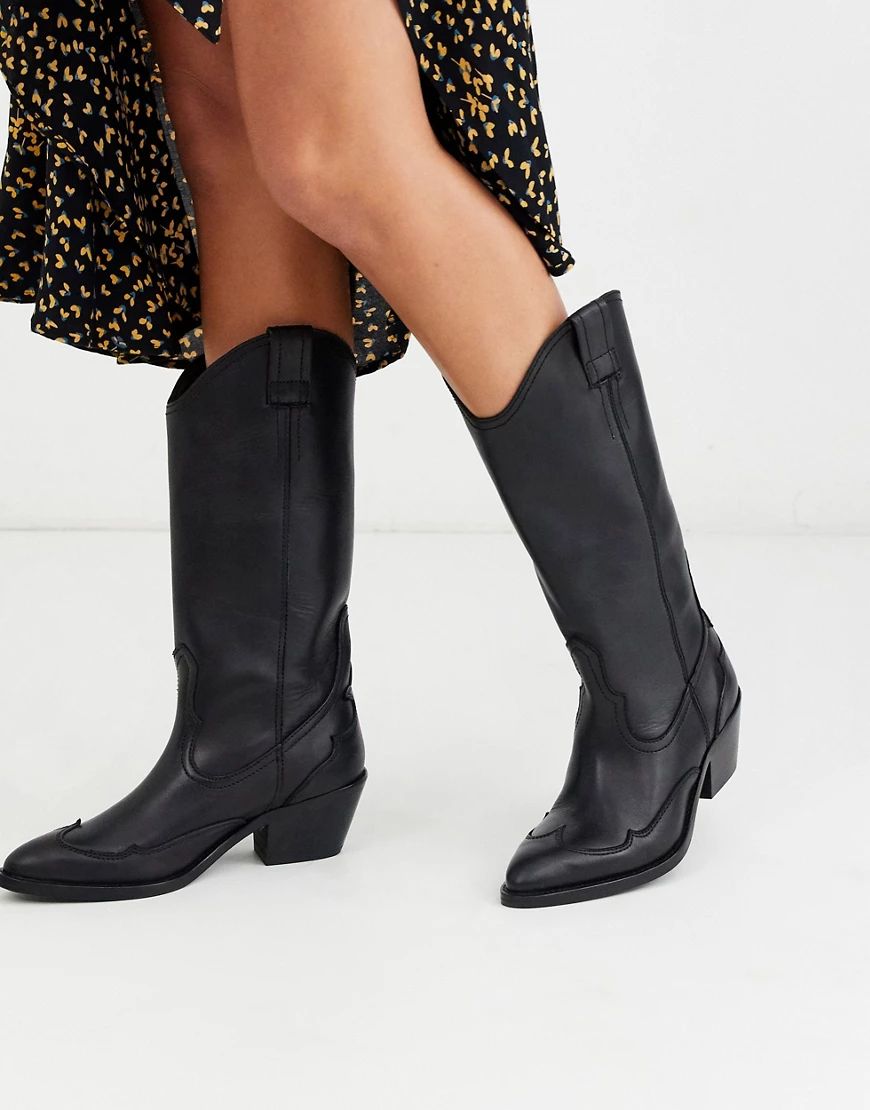AllSaints Luna mid calf leather cowboy boot-Black | ASOS (Global)
