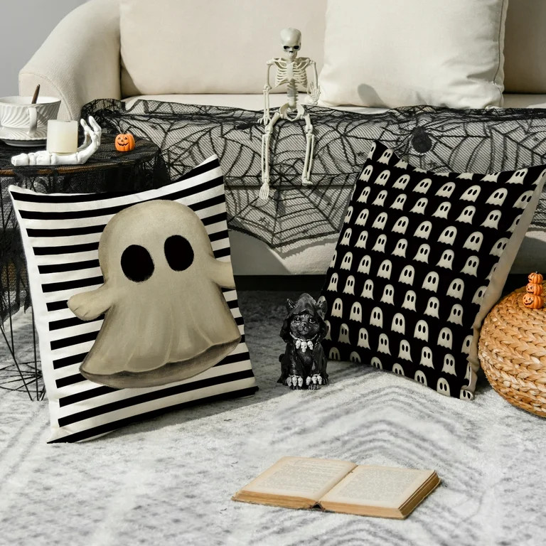 Sm:)e Scary Hey Boo Cute Ghost Spooky Halloween Throw Pillow Covers, 18 x 18 Inch Set of 4, Strip... | Walmart (US)