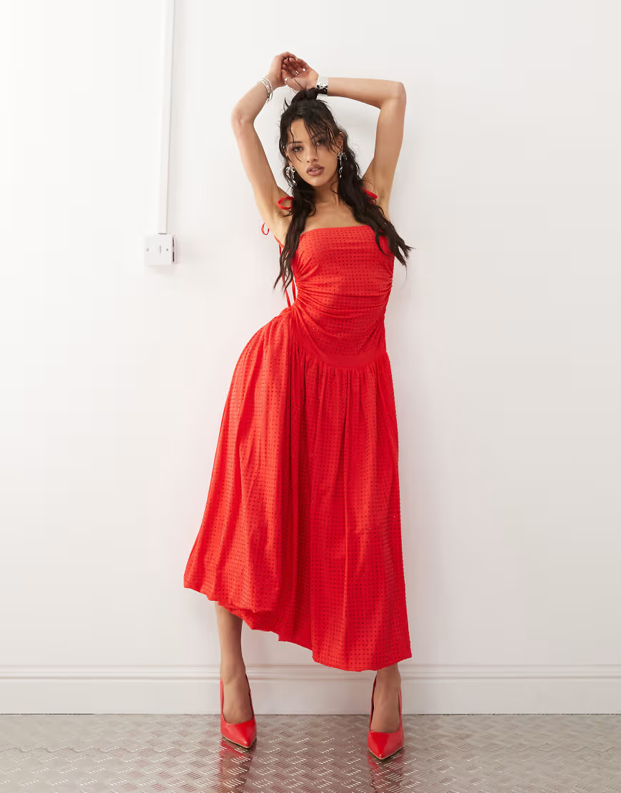 Amy Lynn Alexa puffball midi dress with allover hotfix in cherry red | ASOS (Global)