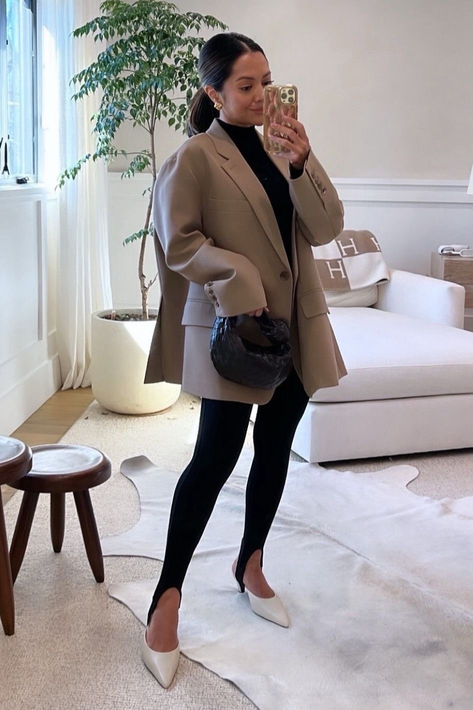 Khaki blazer 
Stirrup pants
White pumps

#LTKFestival #LTKSpringSale #LTKootd