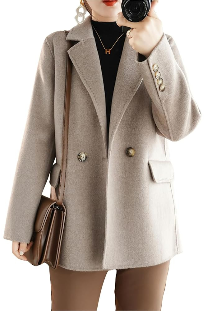 chouyatou Women's Winter Wool Coat Double Breasted Business Casual Blazer Jacket Mid Long Peacoat | Amazon (US)