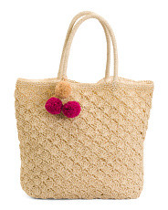 Large Woven Multi Pocket Tote With Pom Pom Embellishment | Handbags | Marshalls | Marshalls
