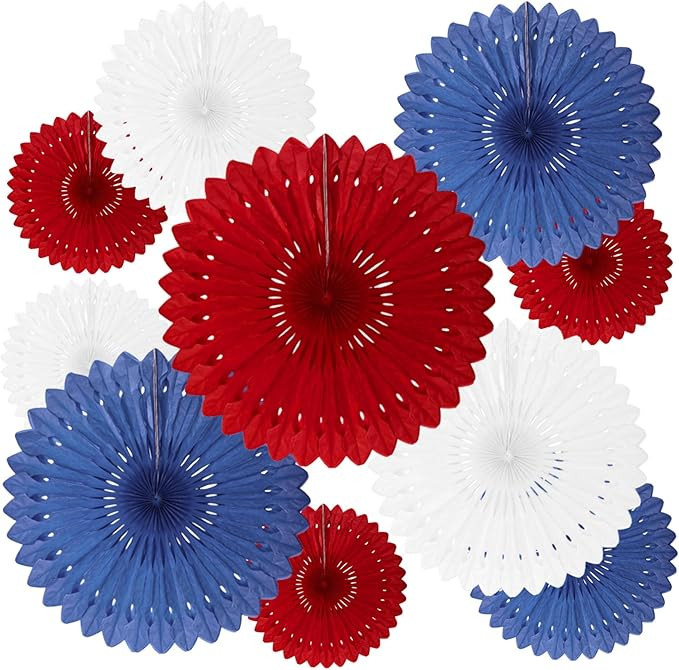 4th of July Patriotic Decorations, 18 Pcs Red White Blue Hanging Honeycomb Paper Fans, Round Pape... | Amazon (US)