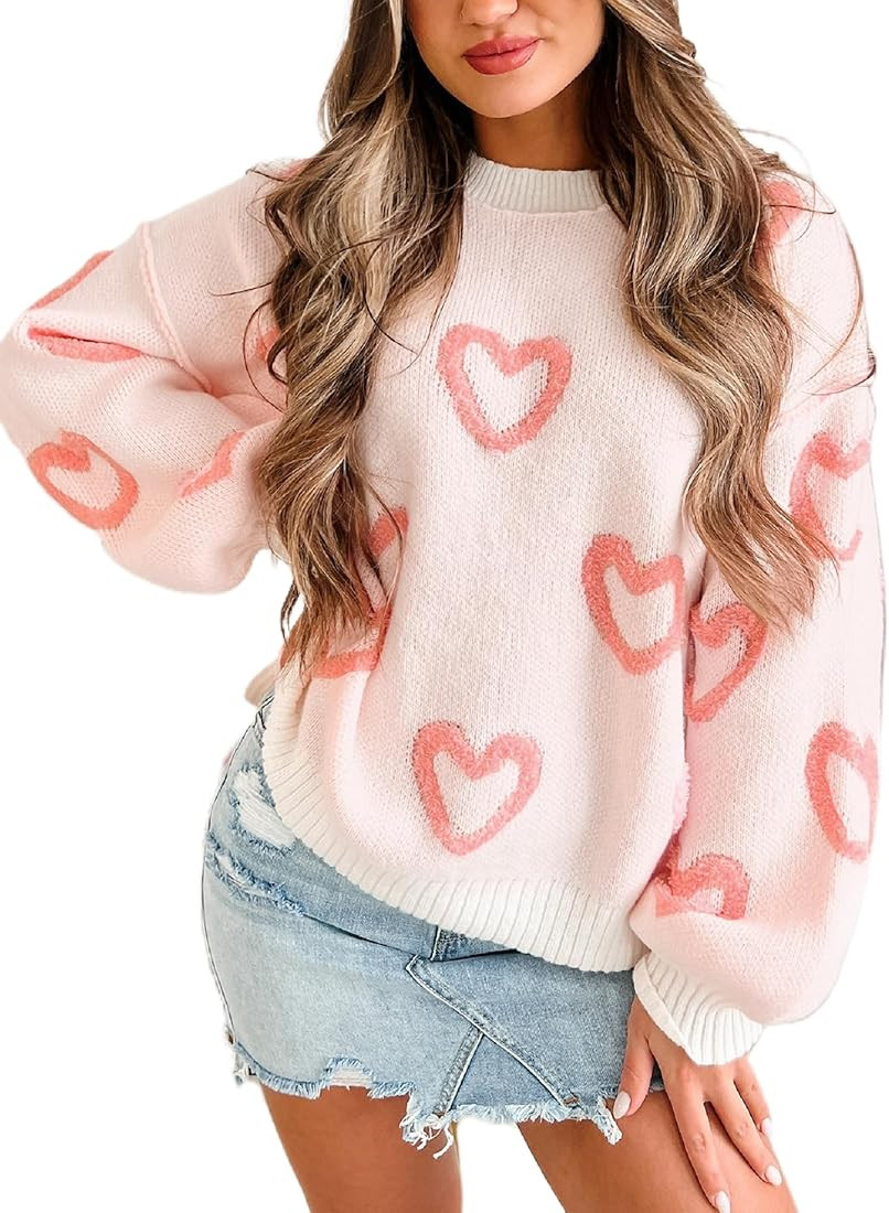 Women's Cute Heart Sweater Love Print Valentines Day Knitted Top Casual Crewneck Long Sleeve Swea... | Amazon (US)