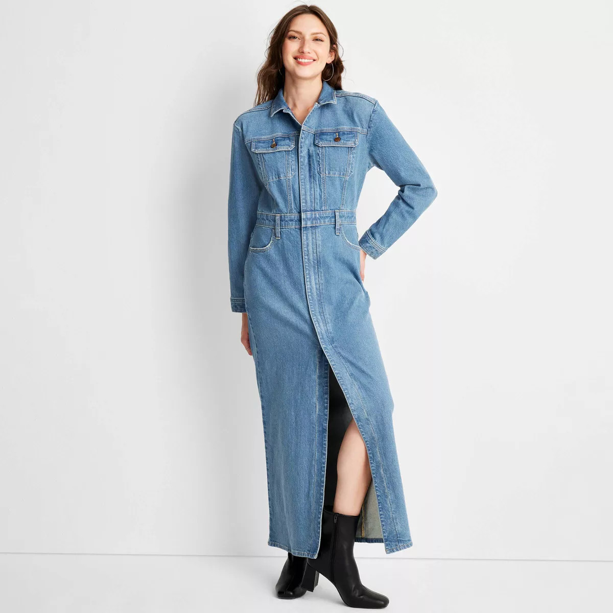 Women's Long Sleeve Denim Maxi Shirtdress - Universal Thread™ Medium Wash | Target