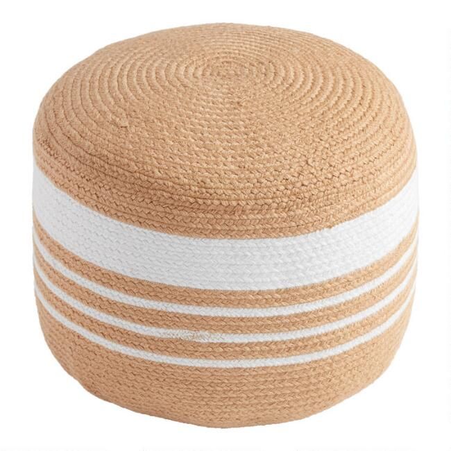 Natural And White Faux Jute Indoor Outdoor Pouf | World Market