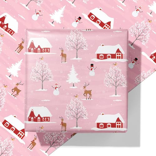 Cuitpan Pink Christmas Wrapping Paper - Xmas Gift Wrap with Snowy Houses, Reindeer, Snowmen & Trees Design - Perfect for Kids & Adults Gift Wrapping - 40×28 Inches, 4 Folded Sheets | Amazon (US)