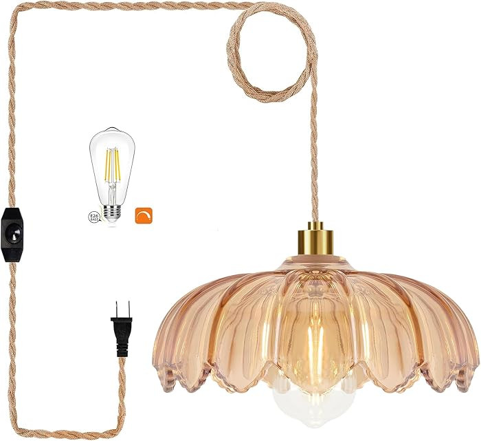 QIYIZM Plug in Pendant Light Hanging Lights with Plug in Cord Mid Century Modern Gold Hanging Lamp Glass Vintage Dimmable Flower Chandelier Ceiling Fixture for Living Room,Kitchen,Boho | Amazon (US)