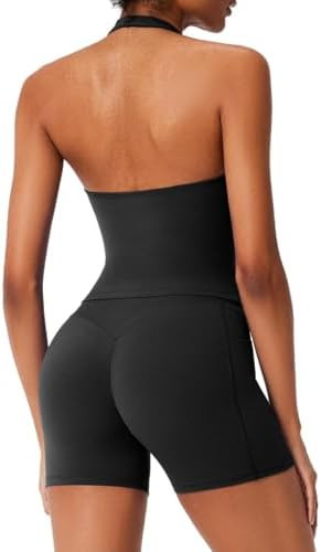 RXRXCOCO Halter Workout Sets for Women 2 Piece V Neck Tank Tops Hidden Scrunch Booty Shorts Gym O... | Amazon (US)
