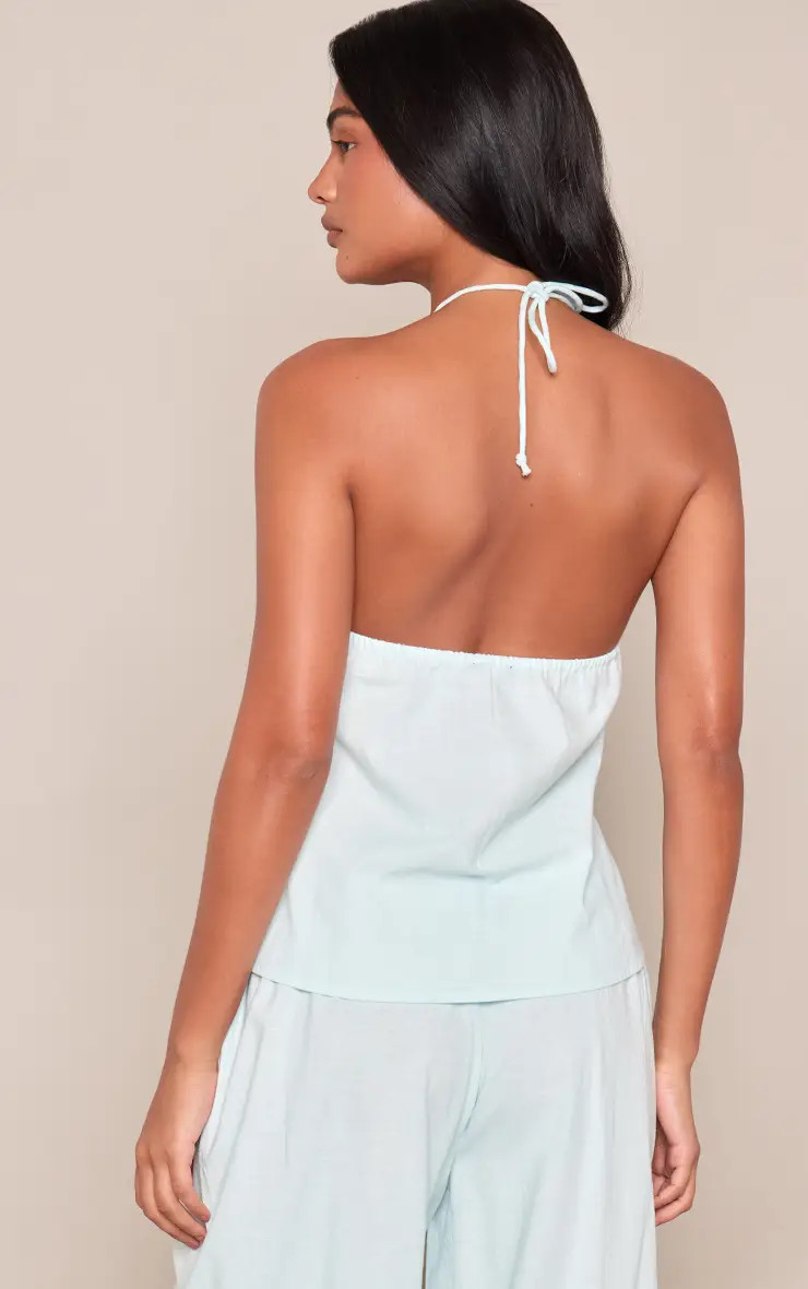 Baby Blue Linen Ruched Bust Halter Top Co-ord | PrettyLittleThing UK