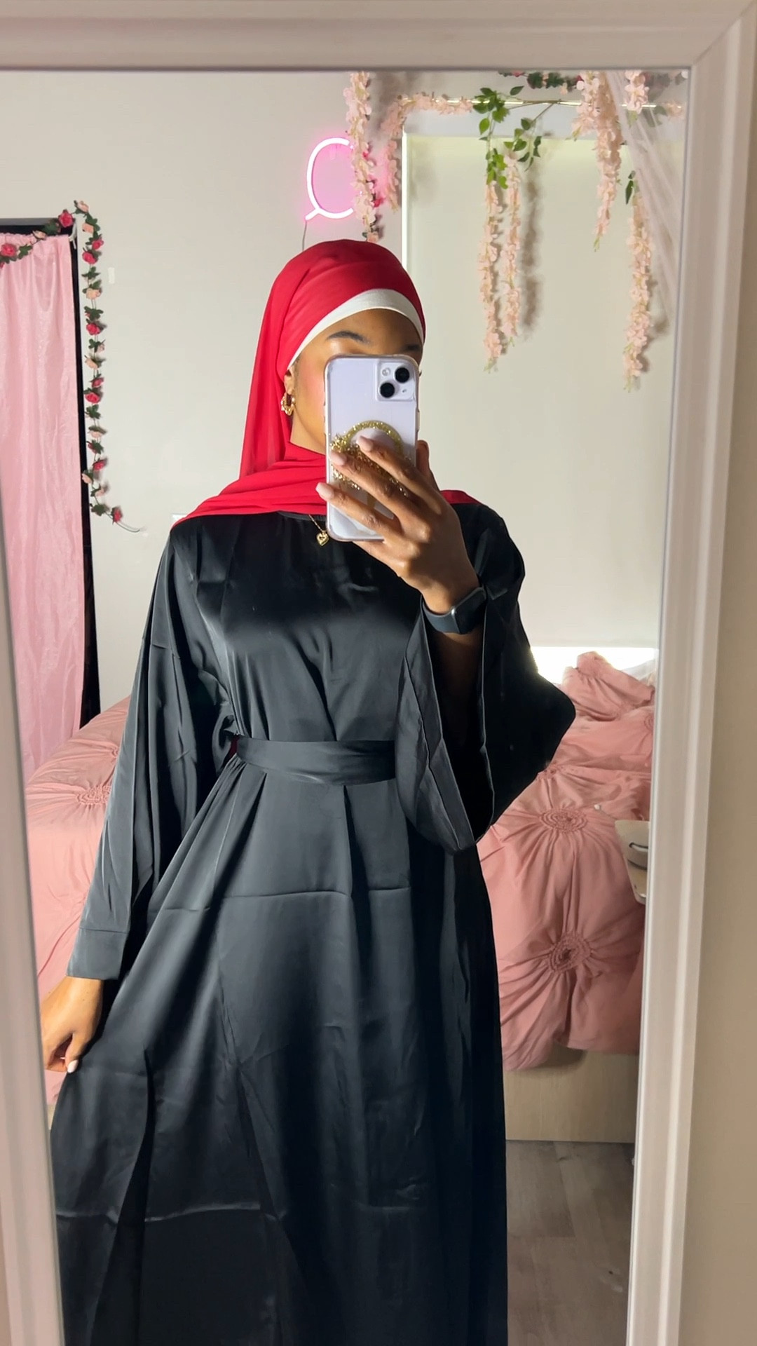 Black Satin Abaya and Red Hijab Outfit 