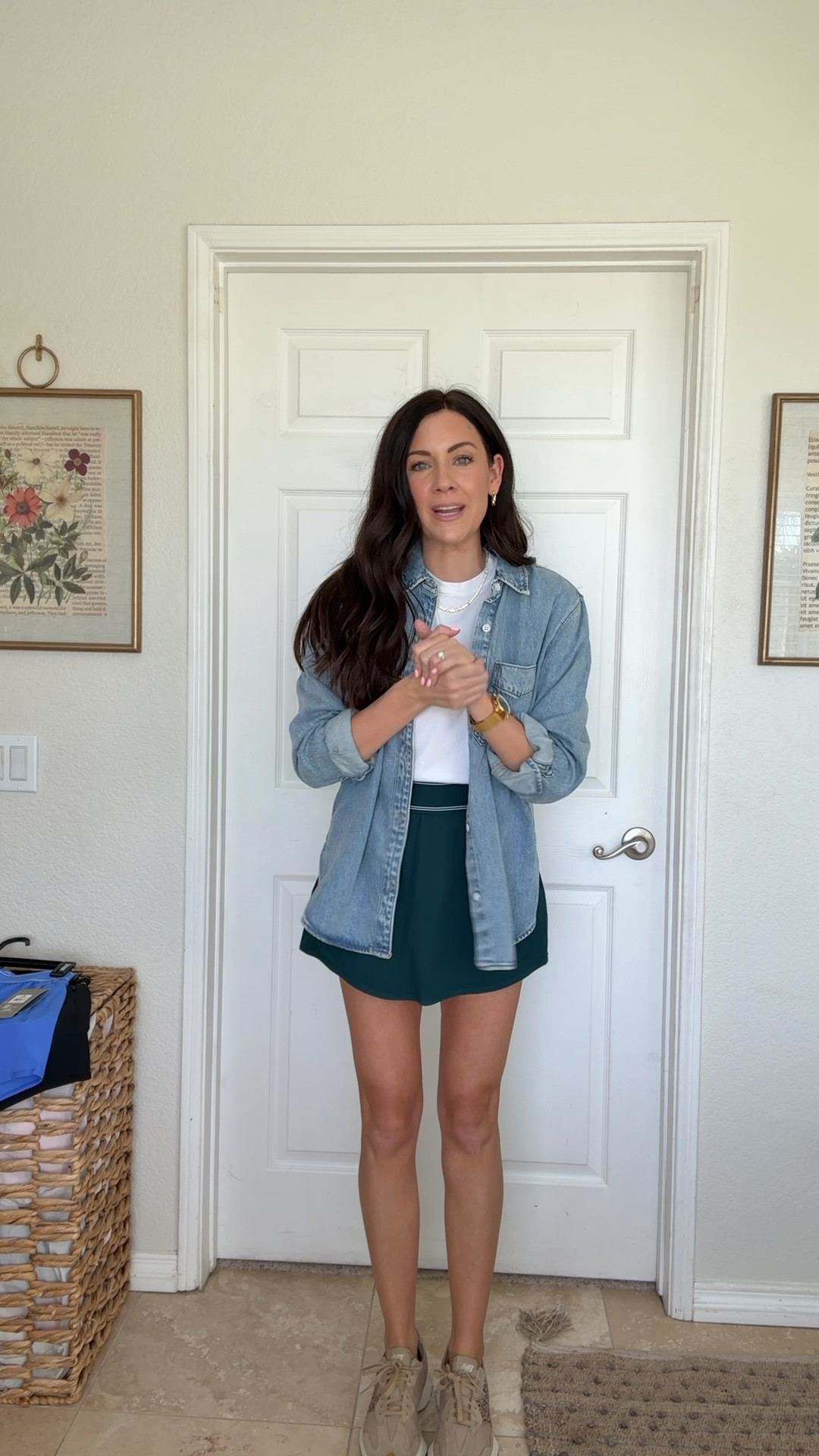 Cute way to style the $15 Alo look for less skort from Walmart that was RESTOCKED!
•wearing a small in skort + denim jacket
•xs tee 

#LTKSeasonal #LTKootd #LTKSaleAlert