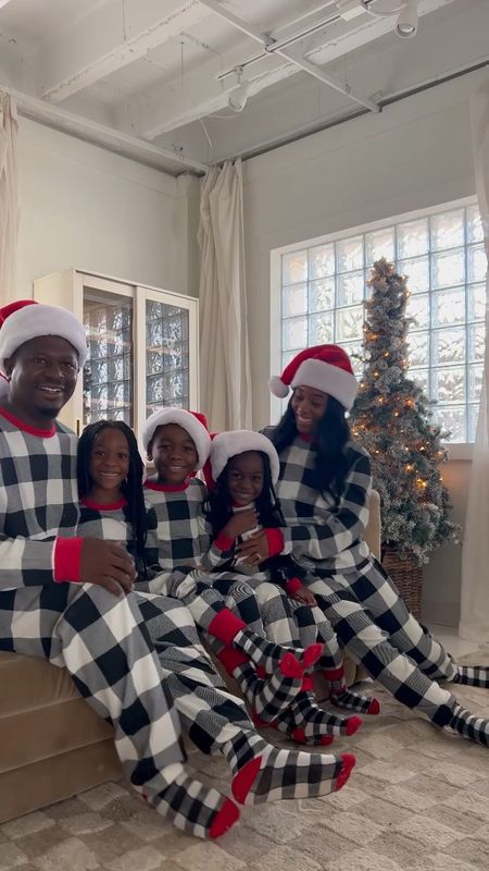 Family holiday plaid matching pajamas - camel color sofa, checkered rug, Christmas tree, white cabinet 

#LTKfamily #LTKkids #LTKhome