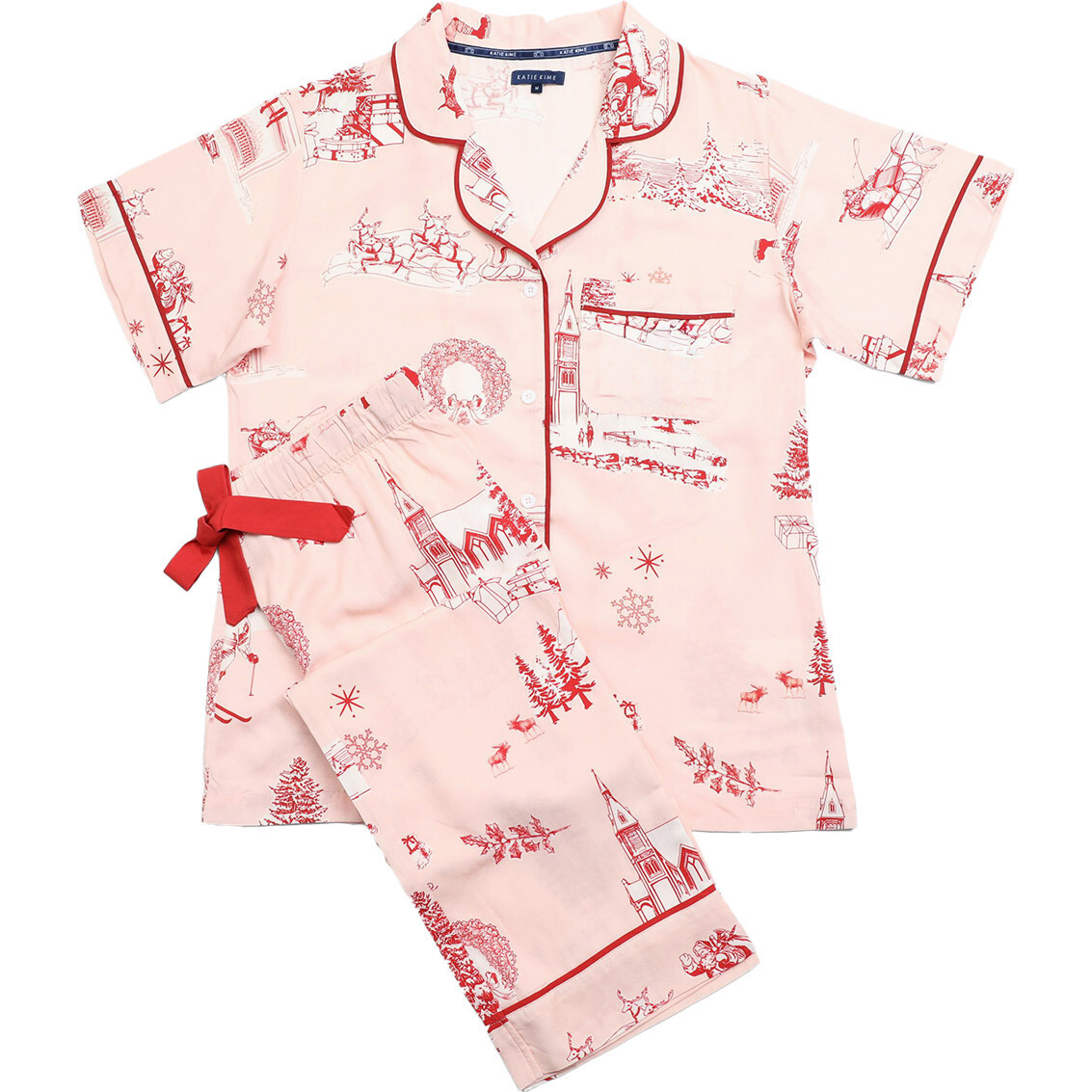 Women's Holiday Toile Pajama Pants Set, Pink & Red | Maisonette