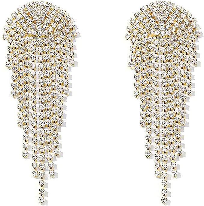 Luxury Women's Long Fringe Sparkling Crystal Drop Earrings Glossy Rhinestone Dangle Earrings Brid... | Amazon (US)