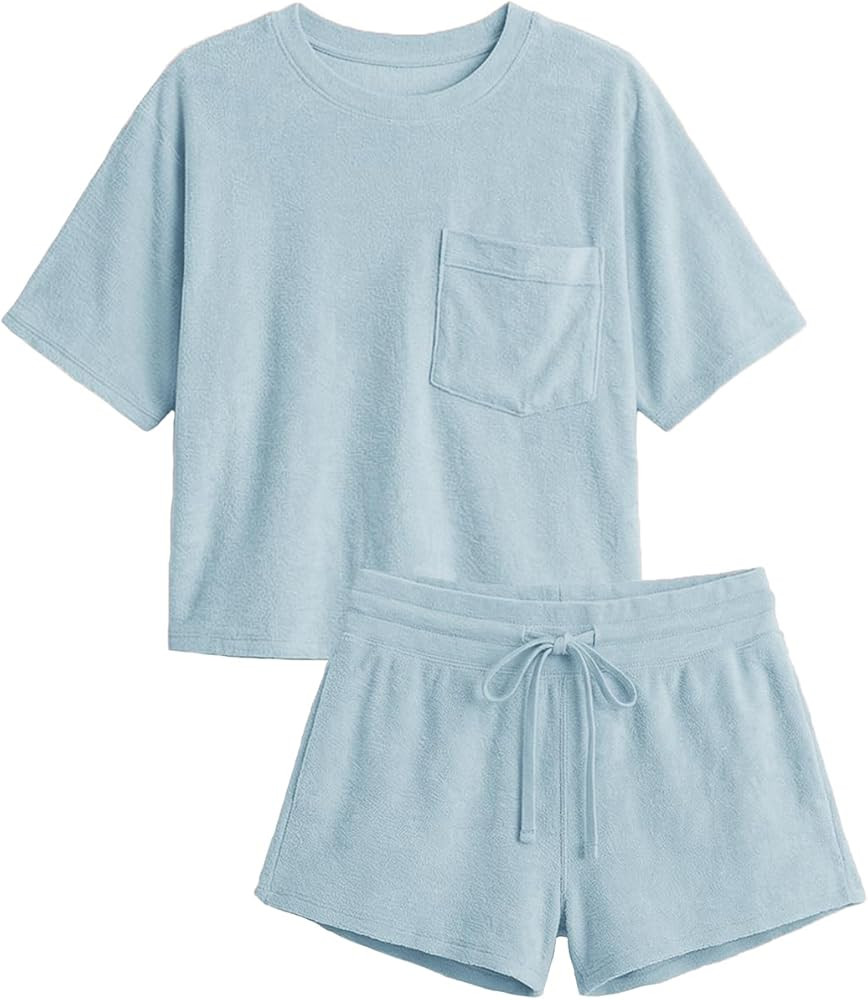 Haellun Womens 2 Piece Lounge Set Soft Short Sleeve Top and Drawstring Shorts for Summer | Amazon (US)