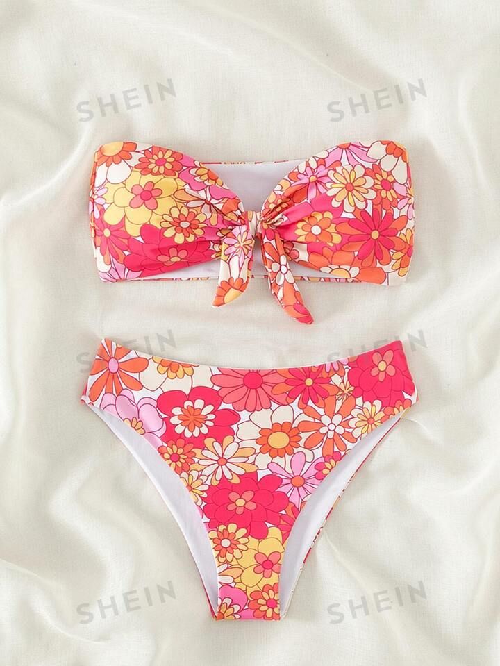 Floral Print Bikini Set Knot Front Bandeau Bra & High Waisted Bottom 2 Piece Bathing Suit | SHEIN