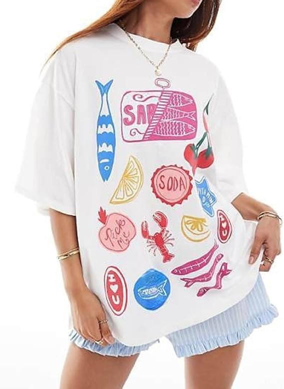 Y2k Oversized Summer Tops for Women Cute Bow Fruit Loose T Shirts Crew Neck Aesthetic Graphic Sho... | Amazon (US)