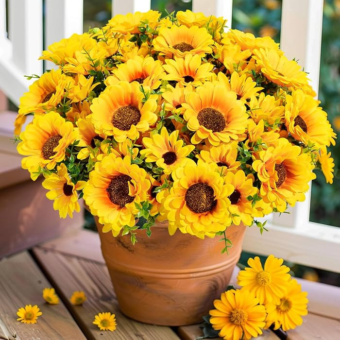 Artificial Sunflowers for Outdoors, 10 Bundles Fake Silk Sunflowers with Eucalyptus Leaves UV Res... | Amazon (US)