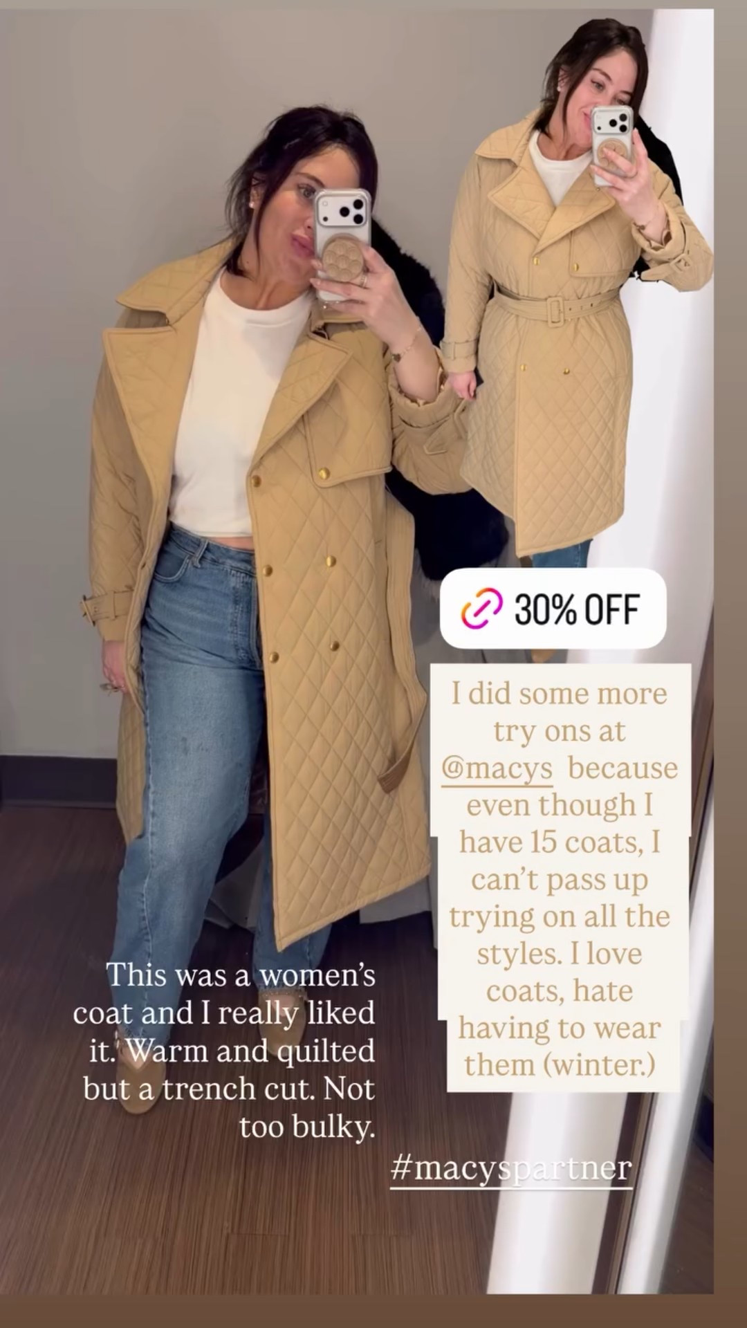 I did some more try ons at @macys  because even though I have 15 coats, I can’t pass up trying on all the styles. I love coats, hate having to wear them (winter.) #macyspartner  This was a women’s coat and I really liked it. Warm and quilted but a trench cut. Not too bulky.

#LTKMidsize #LTKSeasonal #LTKSaleAlert