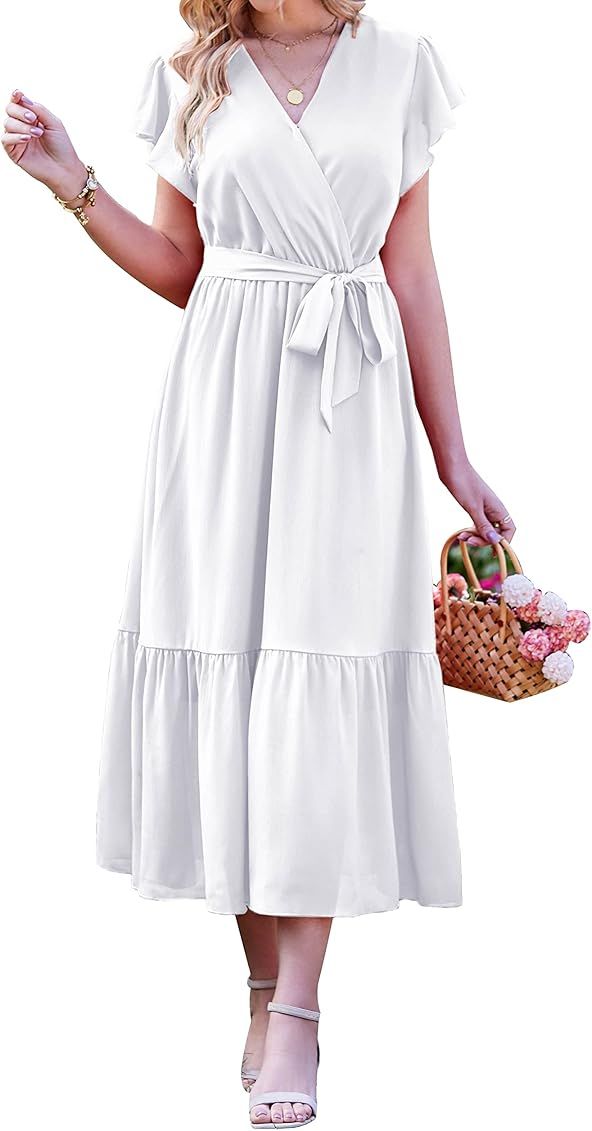 BTFBM Women Summer Bohemian Floral Casual Wrap V Neck Ruffle Cap Sleeveless Belt A-Line Pleated H... | Amazon (US)