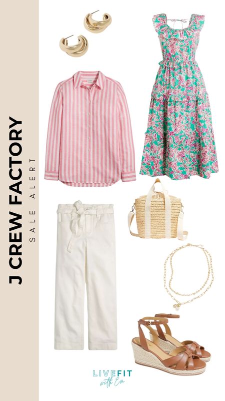 J.Crew Factory's sale alert is the perfect chance to spruce up your spring wardrobe! 💐 Mix and match a classic striped button-down with chic white trousers for a fresh, polished look, or slip into a vibrant floral dress for instant charm. Accessorize with staple gold hoops and a layered necklace, and complete the ensemble with a versatile straw bag and stylish wedges. These finds are not just fashionable but also wallet-friendly! #JcrewFactorySale #SpringStyles #FloralFrocks #ClassicStripes #AccessoryEssentials #FashionFinds #LiveFitWithEm

#LTKfindsunder50 #LTKstyletip #LTKsalealert