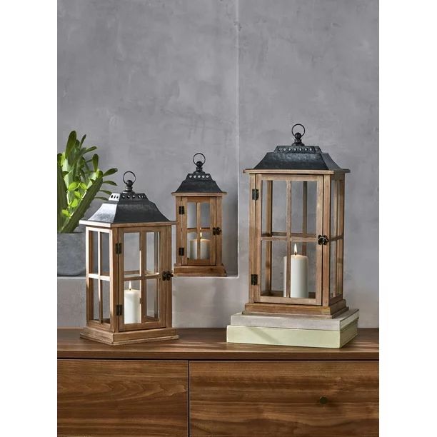 Better Homes and Gardens Rustic Wood Candle Holder Lantern, Large | Walmart (US)