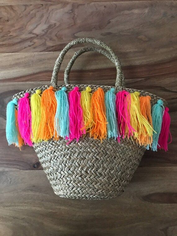 Basket bag, straw bag, french basket bag, pom poms, tassels, summer bag bespoke bag, summer accessor | Etsy (US)