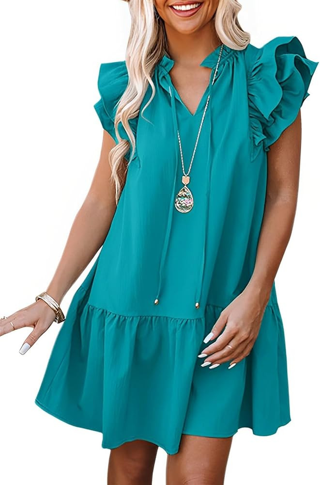 Dokotoo Womens Summer Dresses 2026 V-Neck Drawstring Ruffle Cap Short Sleeve Side Pockets Mini Dr... | Amazon (US)