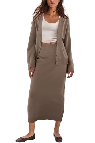 ReachMe Women Sweater Skirt Sets 2 Piece Outfits Button Down Cardigan Sweaters and Rib Knit Maxi Midi Skirt Set (Brown,L) | Amazon (US)