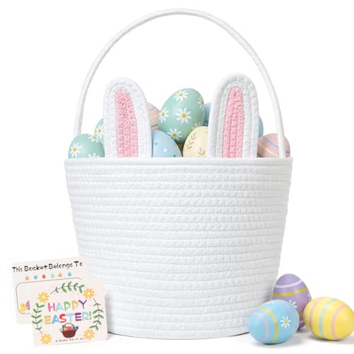 BEIYANA Easter Basket for Kids, Cute Bunny Easter Basket with Removable Ears & Writable Name Tag, Personalized Cotton Rope Woven Empty Easter Basket, First Easter Gift for Toddlers Boys Girls (Pink) | Amazon (US)