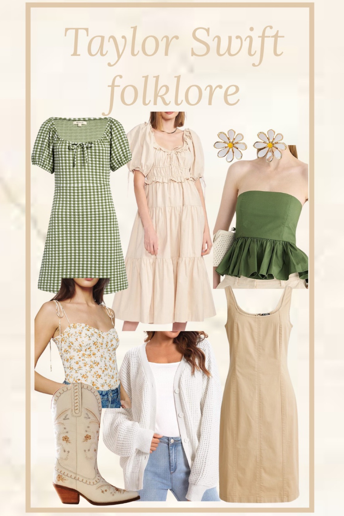Taylor Swift outfit. Eras tour outfit ideas. Folklore outfits. Concert outfits. Taylor Swift concert. Gingham dress. Green strapless peplum top. Cowboy boots. Floral tank top. Off-white dress. White cardigan. Daisy earrings. Cream mini dress  
.
.
.
.
… 

#LTKSeasonal #LTKFestival #LTKstyletip
