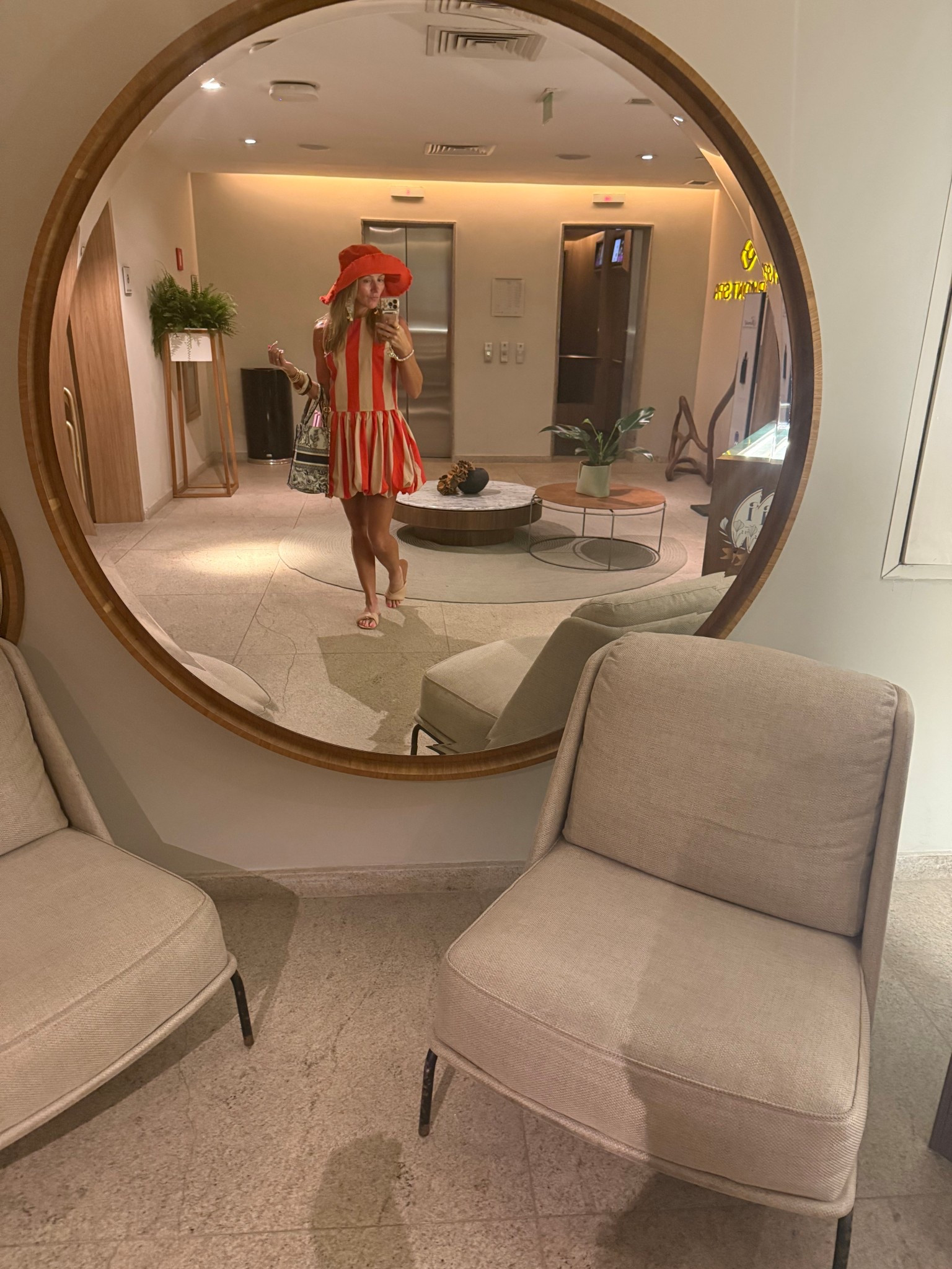 Rio outfit 
Sun hat
Orange dress 
