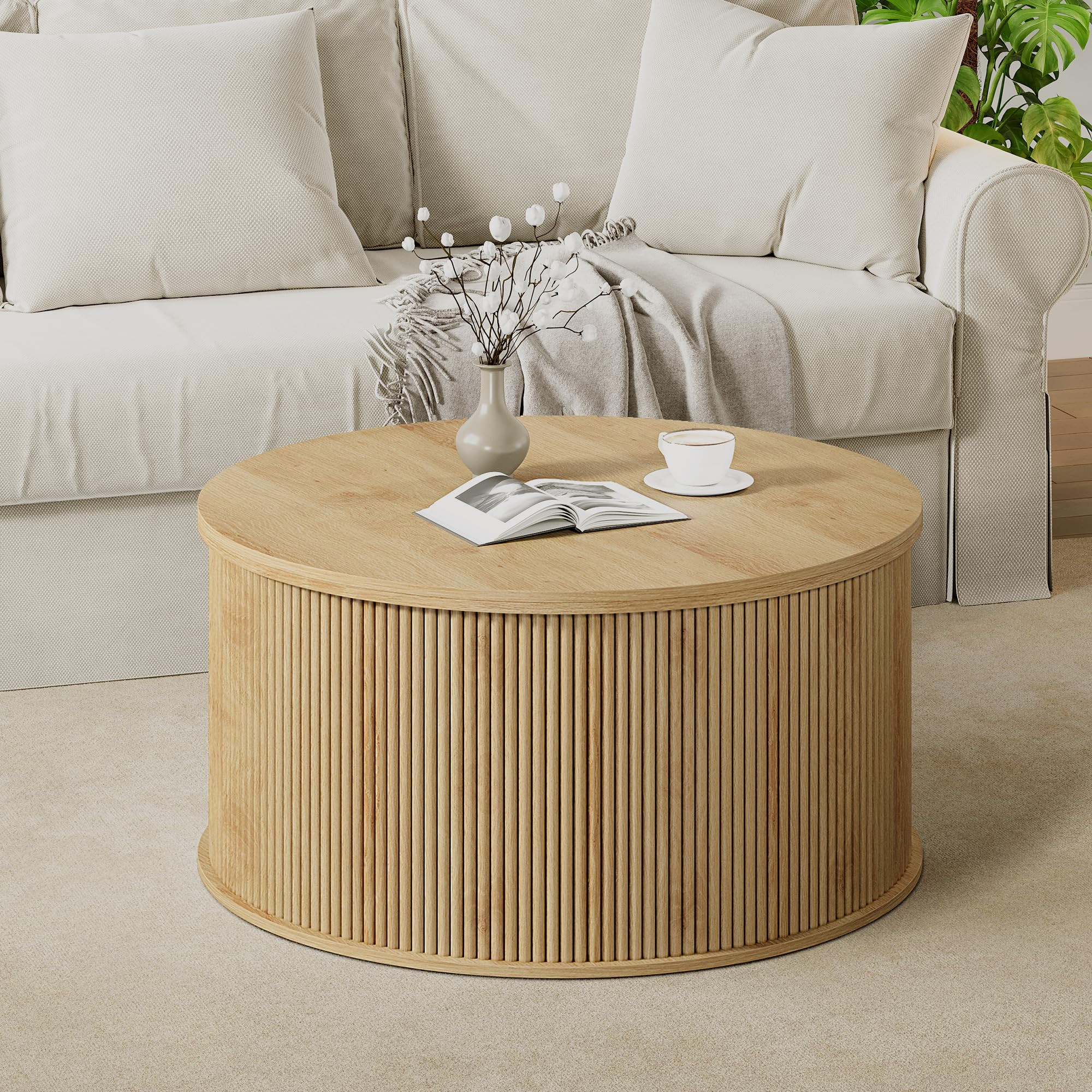 Round Coffee Table, Lift Top Coffee Table with Storage, Farmhouse Fluted Center Table Circle Dini... | Amazon (US)