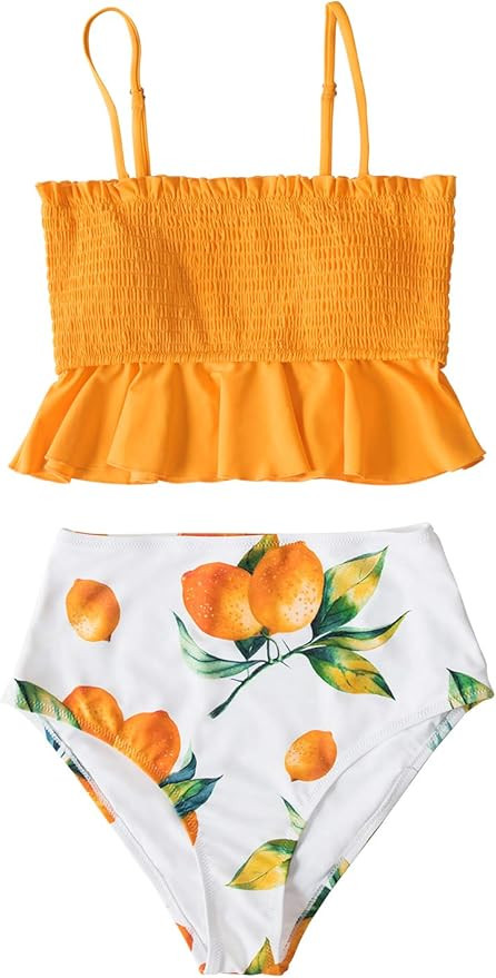 CUPSHE Women's High Waist Bikini Swimsuit Ruffle Smock Floral Print Two Piece Bathing Suit | Amazon (US)