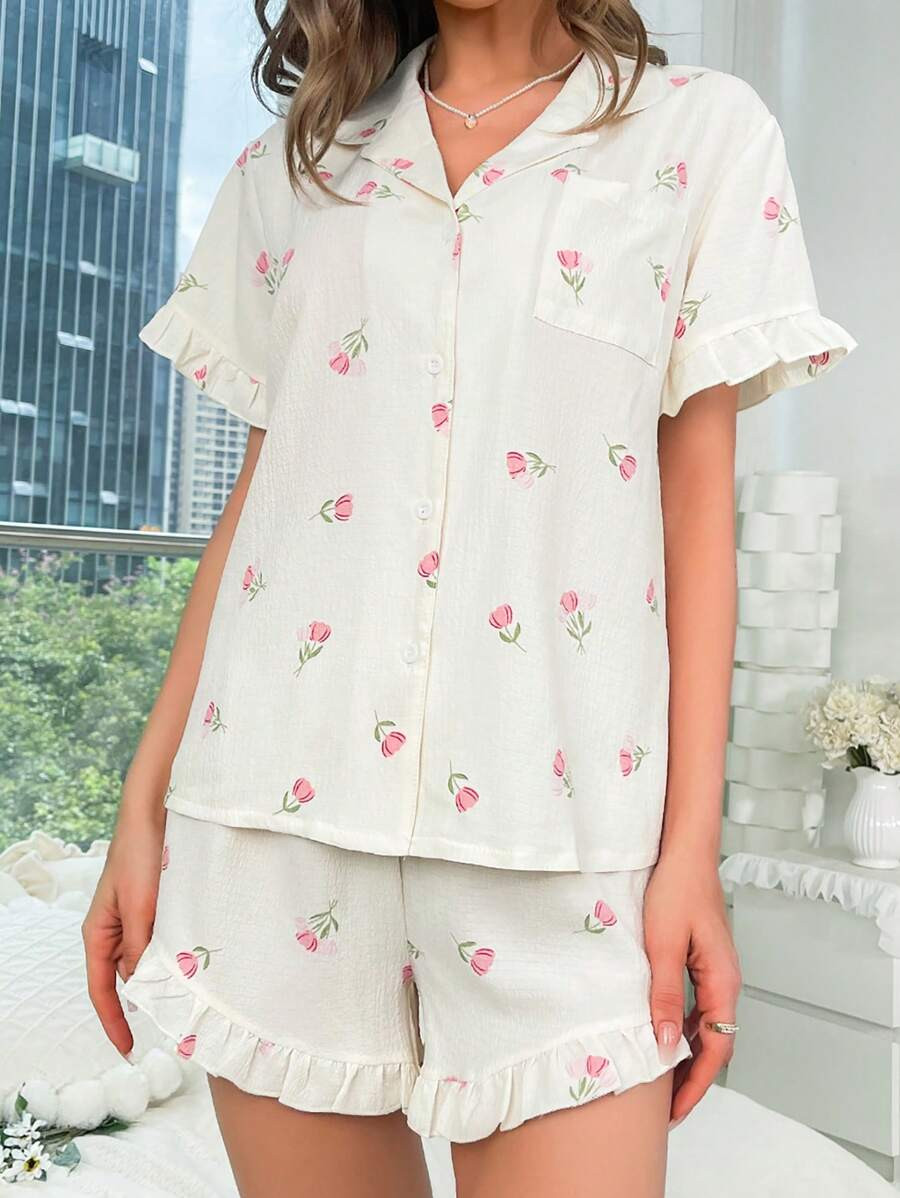 Floral Print Ruffle Trim PJ Set | SHEIN