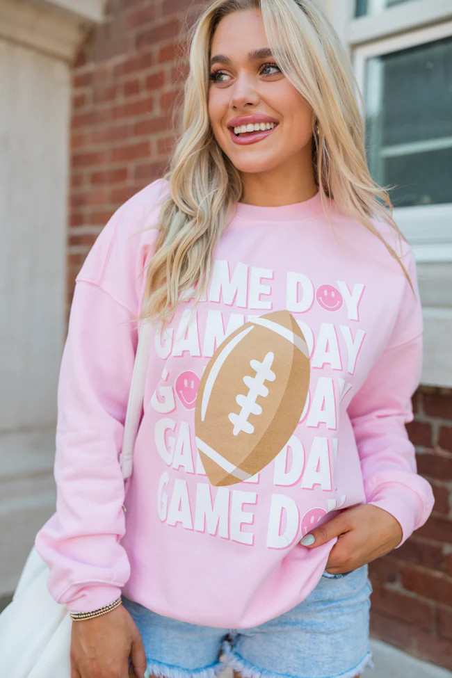Gameday Smiley Light Pink Oversized Graphic Sweatshirt | Pink Lily