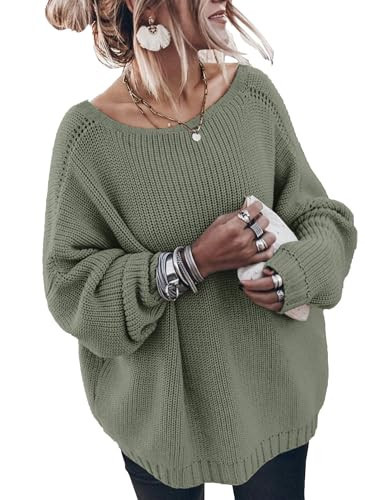 GUNEST Womens Oversized Sweaters Off The Shoulder Casual Crew Neck Long Sleeve Cute Crochet Ribbed Tunic Sweater Green S | Amazon (US)