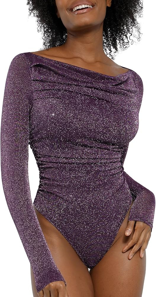 Popilush Bodysuits for Women Sparkly Off The Shoulder Tops Long Sleeve Body suit Tummy Control Th... | Amazon (US)