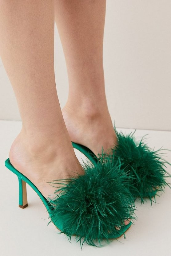Feather Detail Heeled Mule | Karen Millen UK + IE + DE + NL