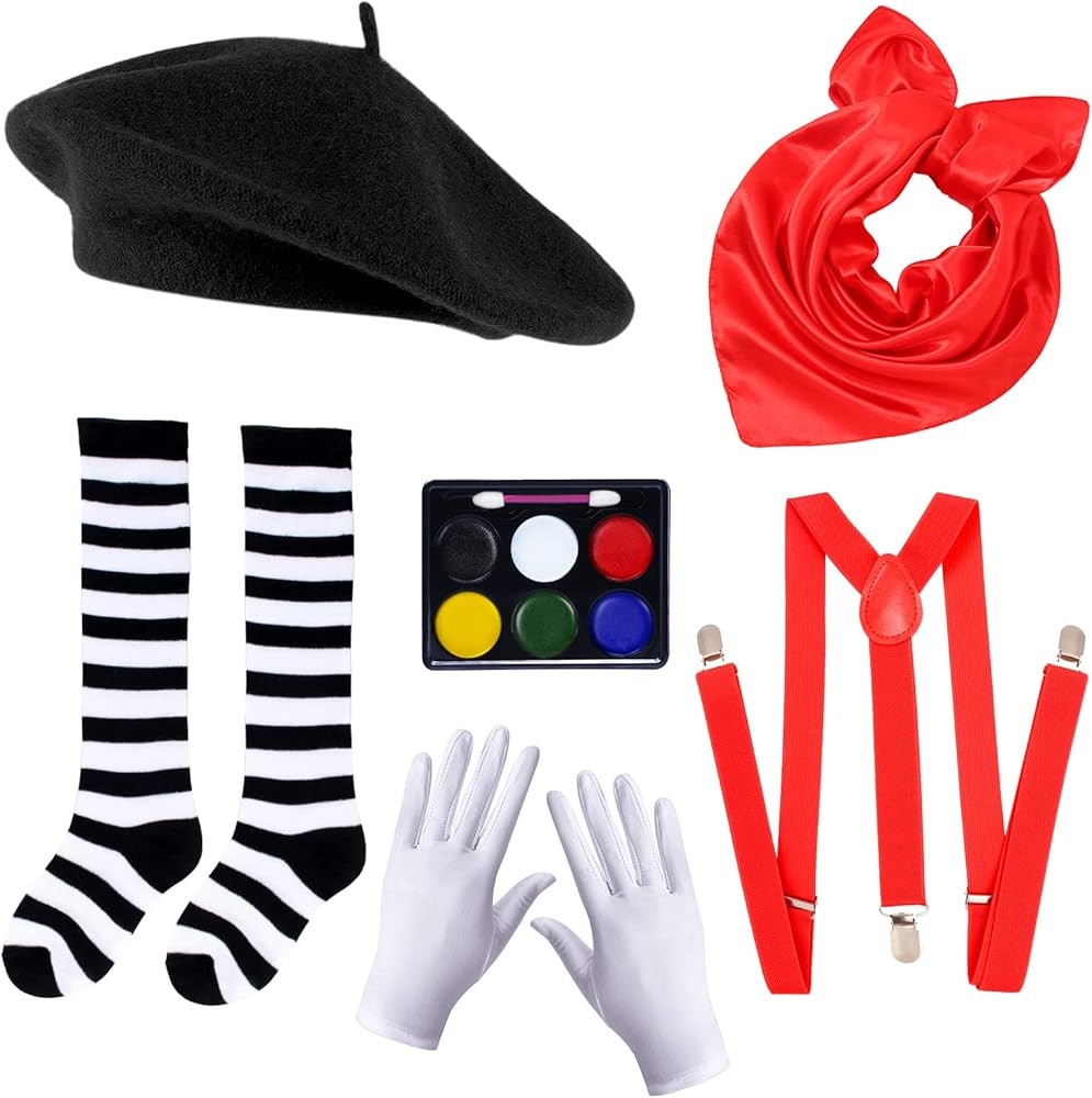 Keymall Kids Mime Artist Accessories 6Pcs with Beret Hat Suspender Scarf Gloves Face Paint Socks for | Amazon (US)