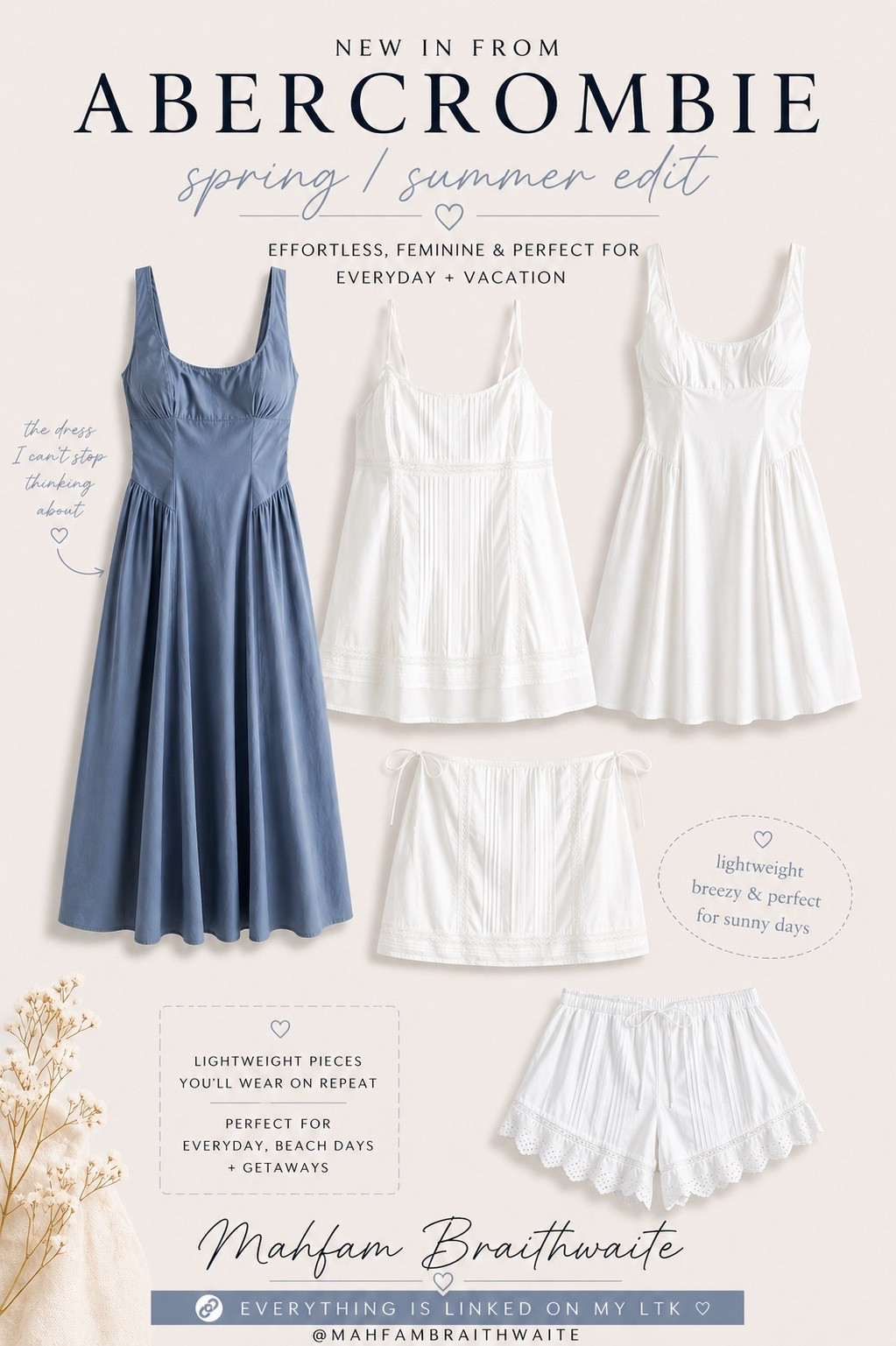 Abercrombie is doing exactly what they needed to do for spring/summer 🤍
Lightweight, effortless, and pieces you can actually wear on repeat.

The blue dress… obsessed. It’s that “throw on and look put together in 2 seconds” kind of dress.
And the white pieces?? Perfect for layering, beach days, or just keeping it simple but elevated.

Saving these because I already know they’re going to sell out 👀
Everything is linked on my LTK!


#LTKStyle #AbercrombieStyle #SpringOutfits #MomStyle #EffortlessStyle



abercrombie haul, spring dresses, summer outfit ideas, blue midi dress, white outfit aesthetic, effortless outfits, mom fashion, casual chic style, everyday outfits, minimal style, neutral wardrobe, summer dresses, vacation outfits, beach outfits, feminine style, lightweight dresses, comfy outfits, elevated basics, trending outfits, ltk finds

#LTKdayinmylife #LTKMothersDay #LTKselfcare