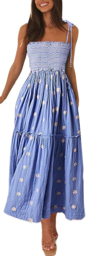 Womens Boho Long Summer Dresses Casual Beach Vacation Sun Dress Spaghetti Strap Flowy Embroidered... | Amazon (US)