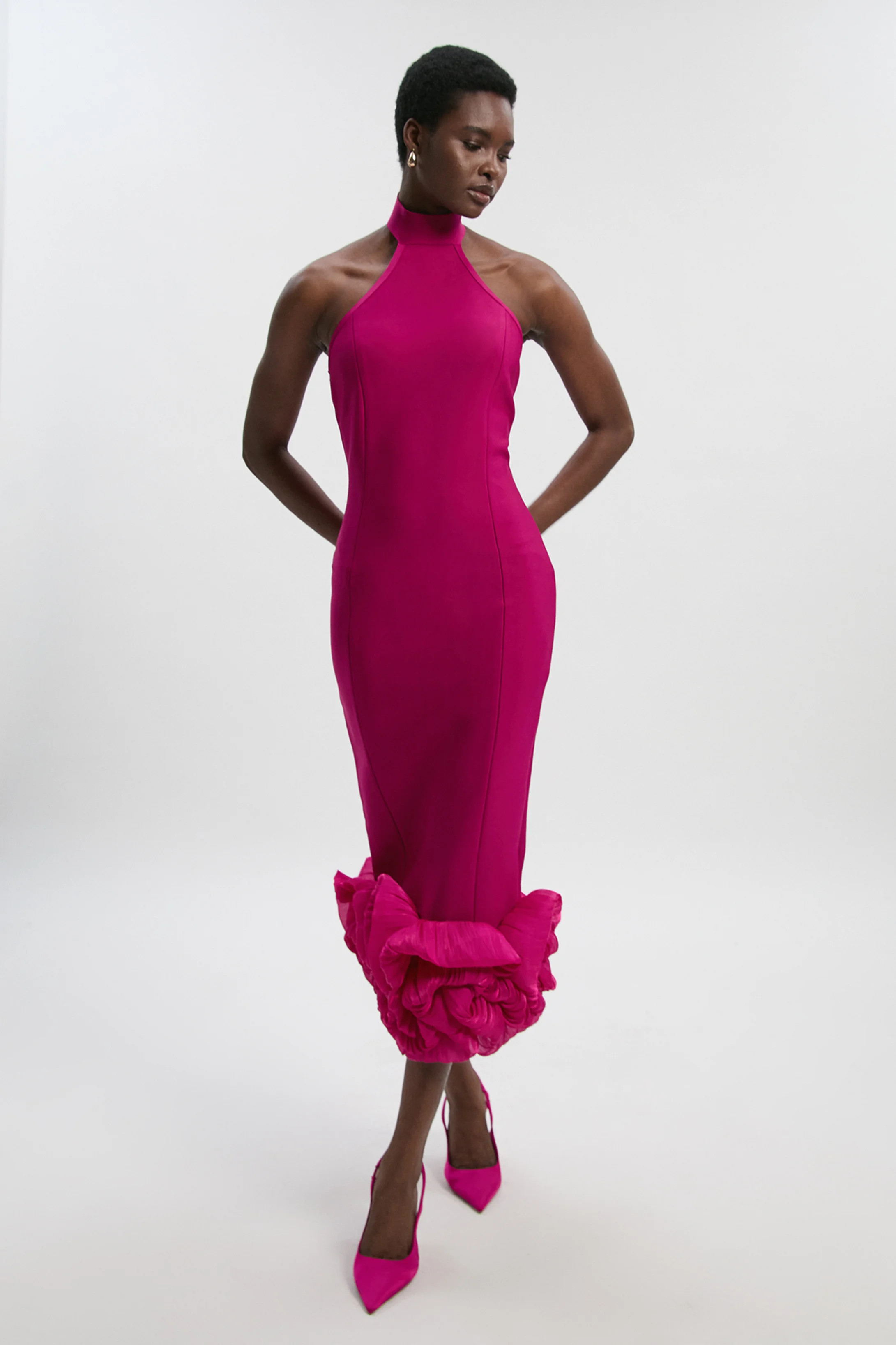 Figure Form Bandage Ruffle Hem Halter Knit Midi Dress | Karen Millen UK + IE + DE + NL