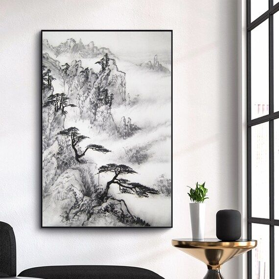 Hand painted Ink brush mountains art, Original Chinese landscape painting, Misty Mountains art, b... | Etsy (US)